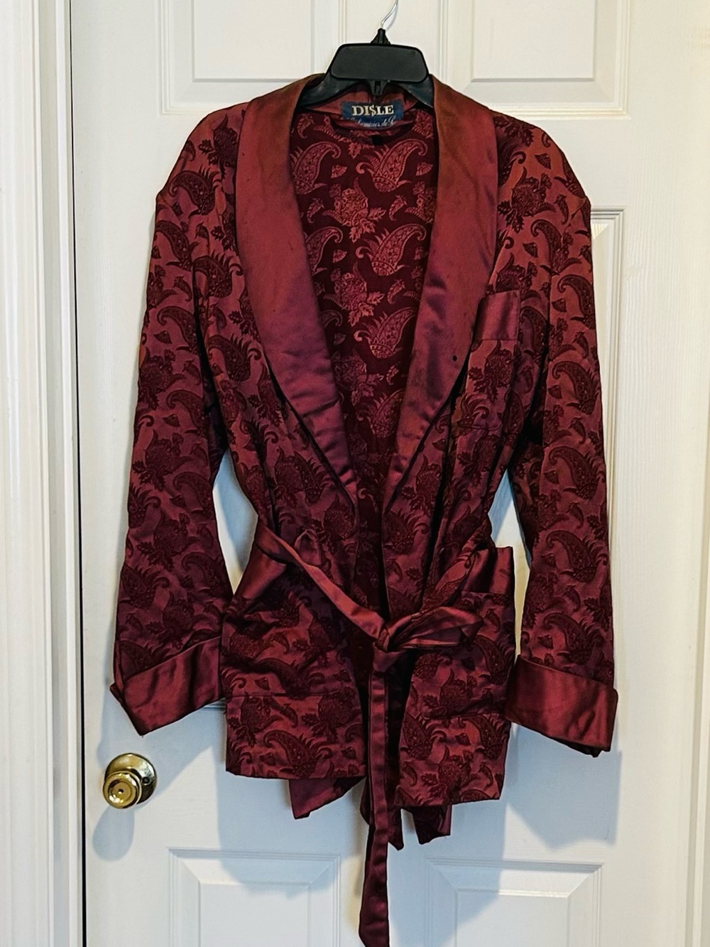 Vintage Men's Burgundy Paisley Satin-Trim Smoking Jacket by